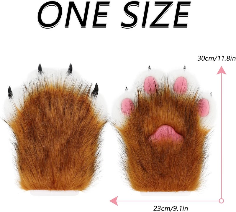 hbbhml Faux Fur Plush Furry Cat Claw Gloves Fursuit Animal Fox Paws Mittens Halloween Cosplay Costume Accessories for Adult - Image 3
